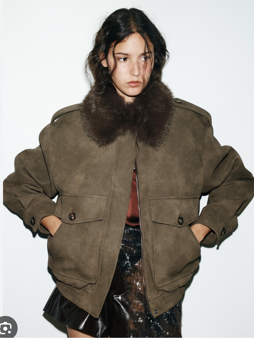 Zara Olive Suede Bomber Jacket with Dark Brown Fur Collar